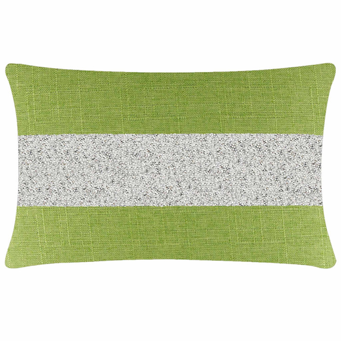 Rectangular lime green pillow with a textured surface and a wide silver rhinestone stripe in the center.