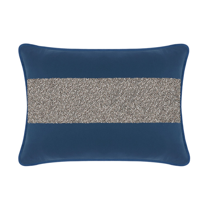 Navy velvet pillow with a wide rhinestone stripe across the center rectangular shape soft texture and piped edges.