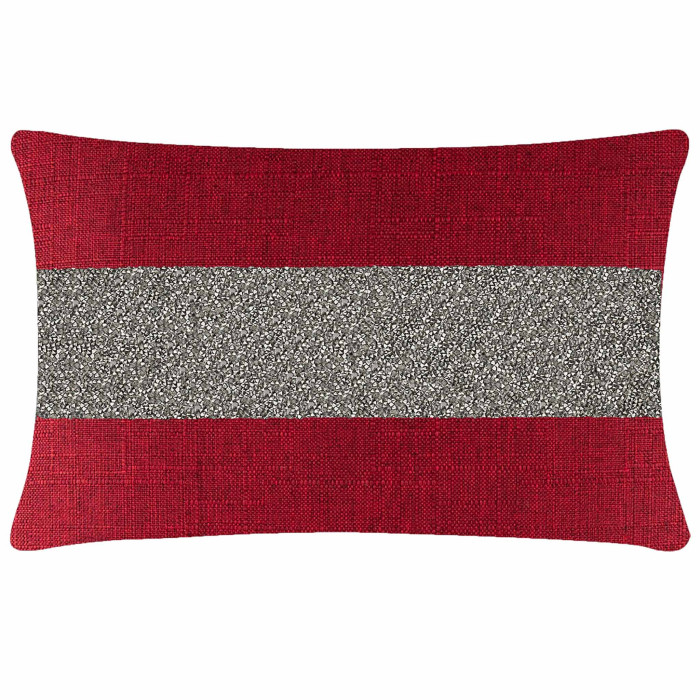 Red woven pillow with a wide charcoal rhinestone stripe and a textured surface measuring 14x20 inches.