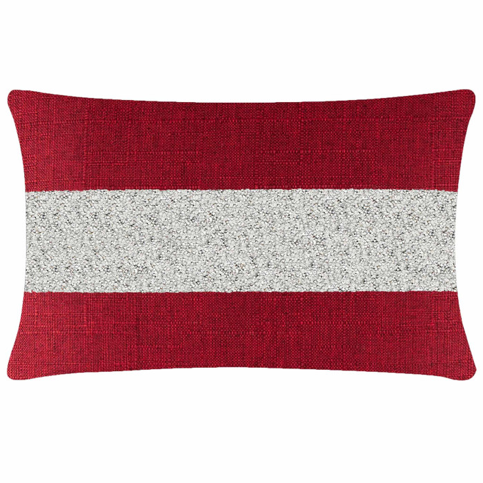 Red woven pillow with a silver rhinestone stripe rectangular shape textured surface and rounded edges.