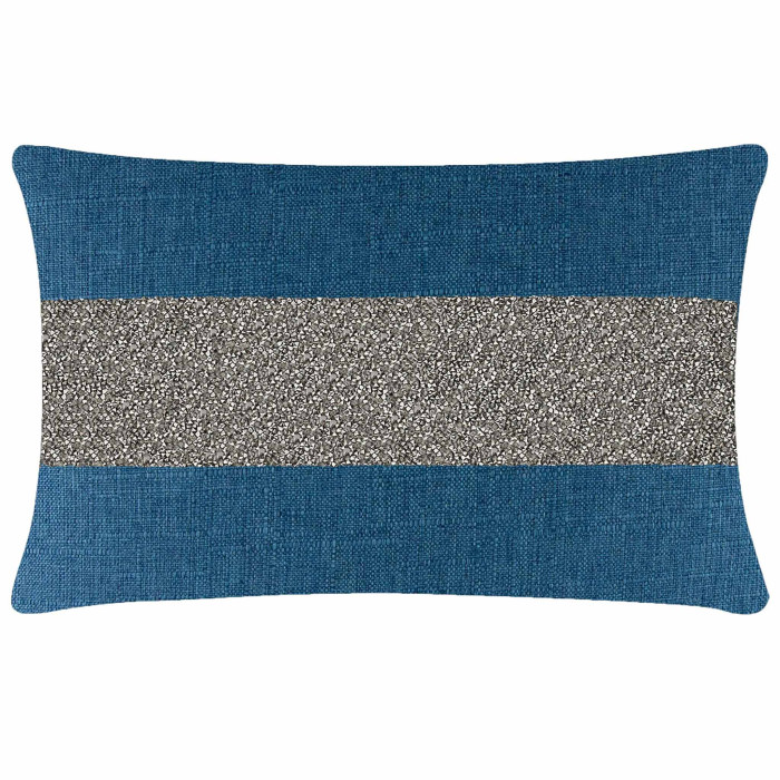 Rectangular pillow with royal blue woven fabric and a silver rhinestone stripe across the center.