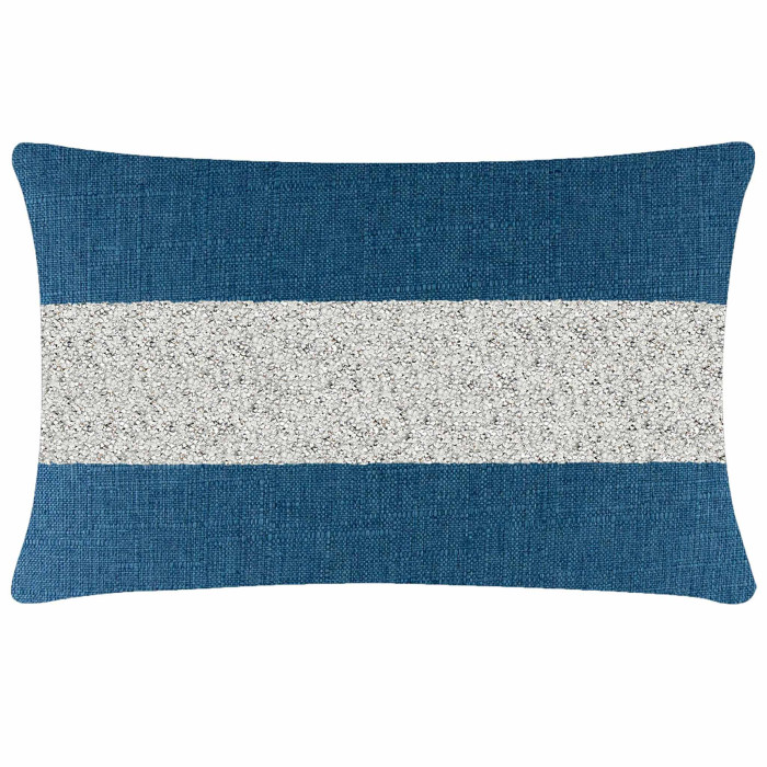 Rectangular pillow with a royal blue woven fabric and a silver rhinestone stripe across the center.