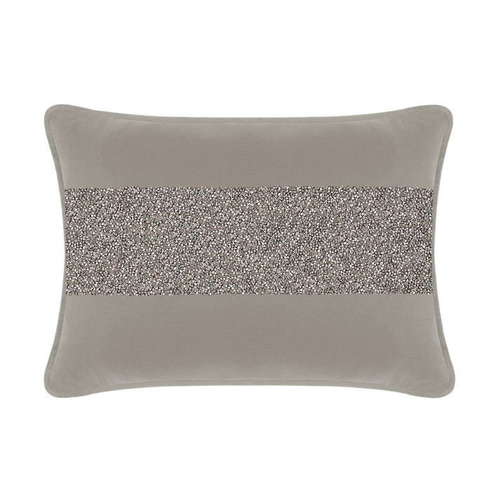 Silver velvet pillow with a radiant rhinestone stripe rectangular shape soft texture and contrasting charcoal edges.