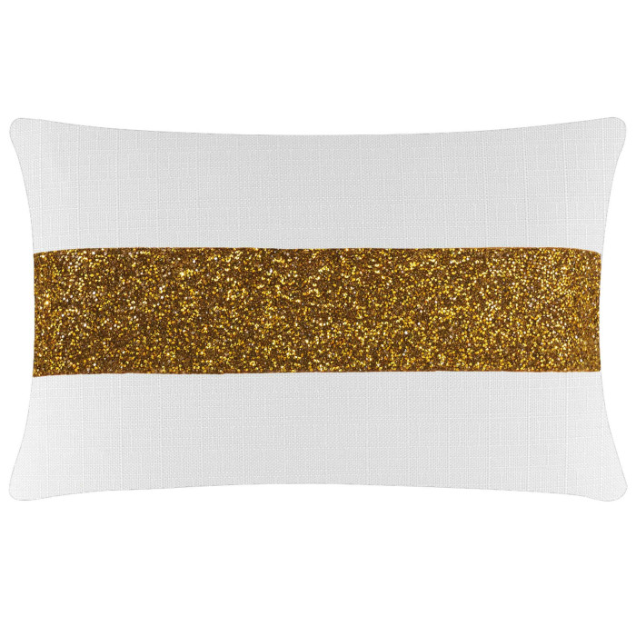 White rectangular pillow with a textured surface and a glittering gold rhinestone stripe across the center.