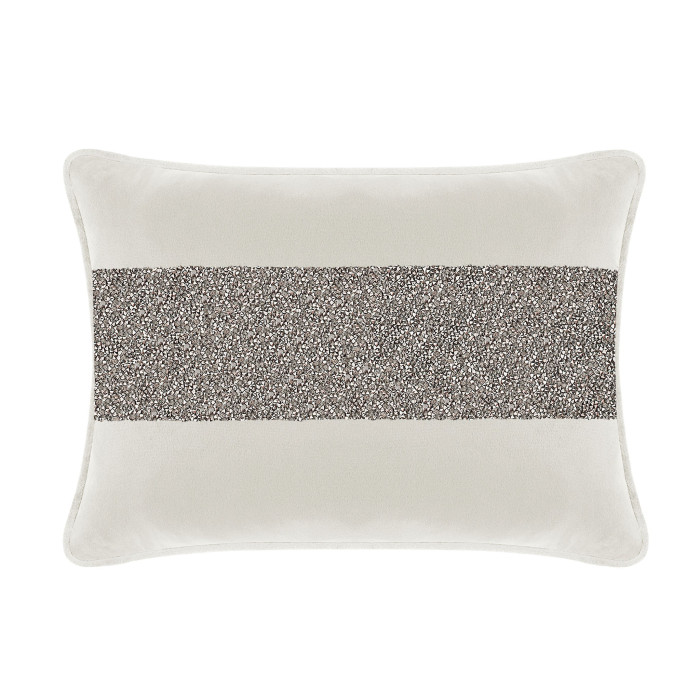 White velvet pillow with a charcoal rhinestone stripe rectangular shape and soft texture measuring 14x20 inches.