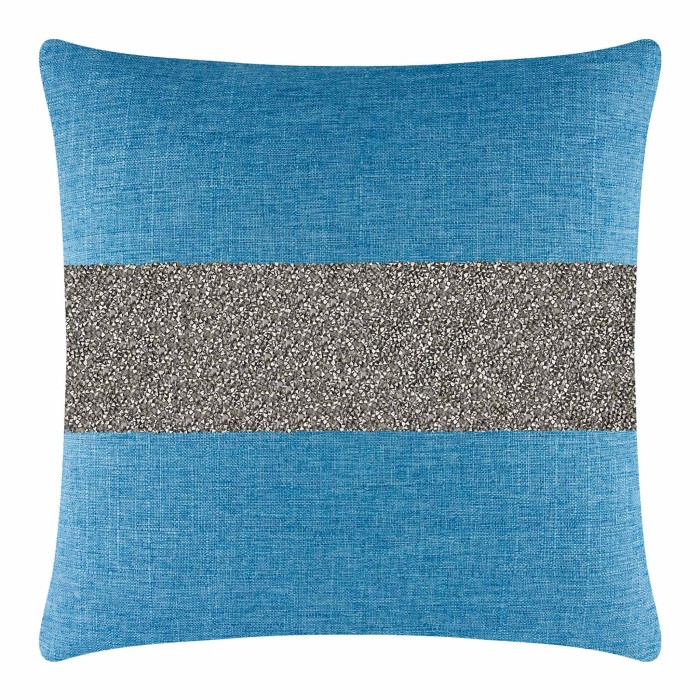 Aqua pillow with a charcoal rhinestone stripe on a textured woven fabric square shape 16x16 inches.