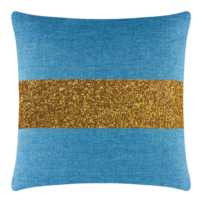 Aqua woven pillow with a gold glitter rhinestone stripe square shape textured fabric 16x16 inches.