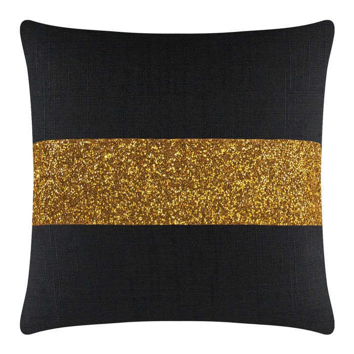 Black woven pillow featuring a glittering gold rhinestone stripe across the center with a textured finish.