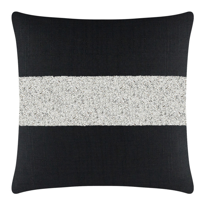 Black woven pillow with a wide silver rhinestone stripe across the center featuring a smooth texture and a square shape.