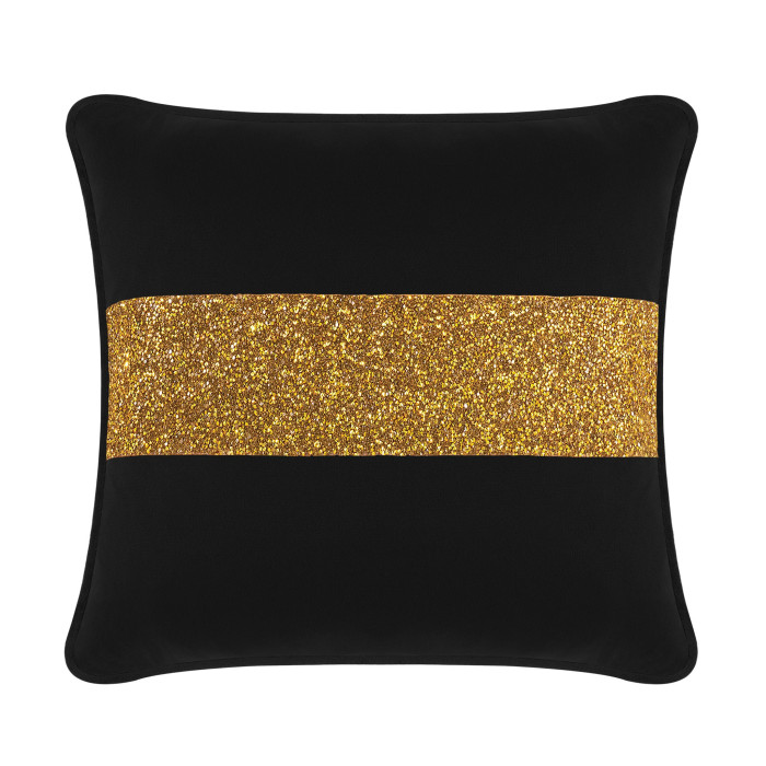 Black velvet pillow with a gold rhinestone stripe square shape plush texture and contrasting shiny embellishment.