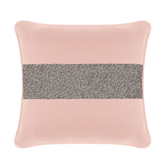 Blush velvet pillow with a charcoal rhinestone stripe square shape and piped edges.