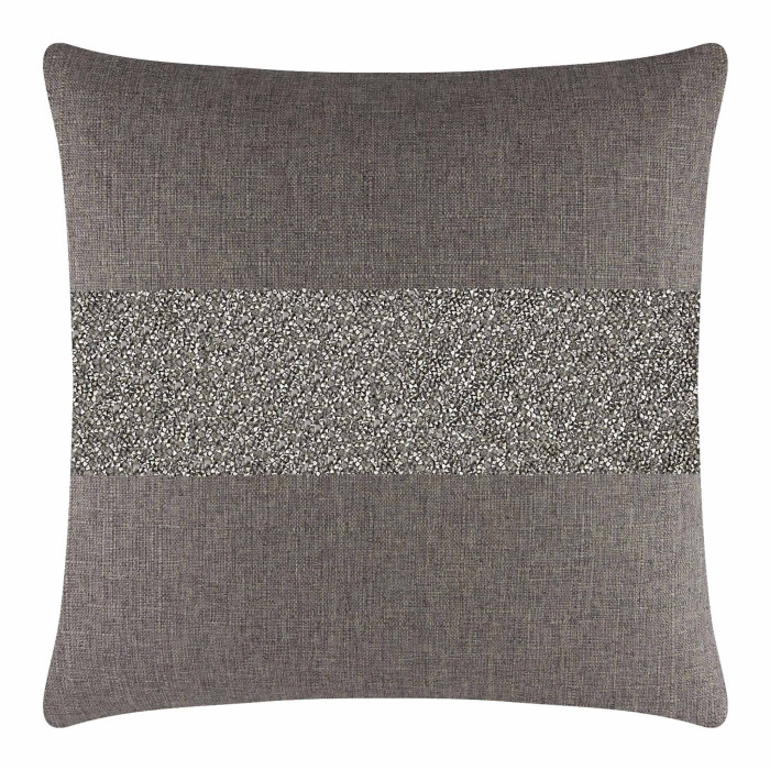 Square pillow with a charcoal woven fabric featuring a radiant rhinestone stripe in the center.