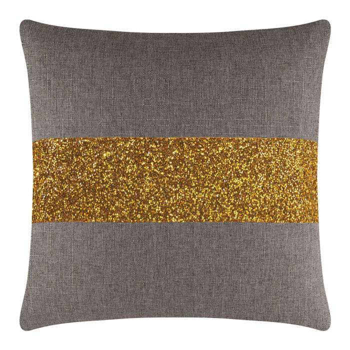 Square pillow with a textured gray fabric and a glittery gold rhinestone stripe across the center.