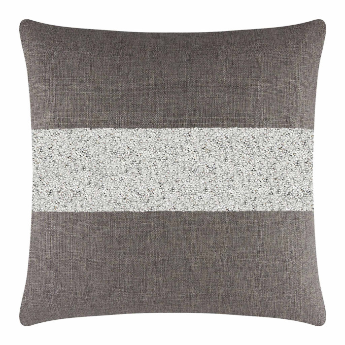 Square brown pillow featuring a silver rhinestone stripe on a woven texture.