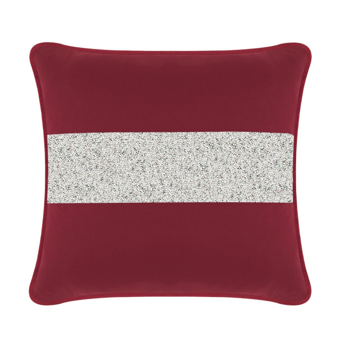 Burgundy velvet pillow with a silver rhinestone stripe square shape soft texture and piped edges.