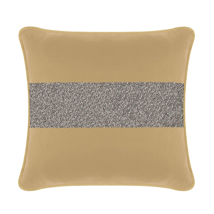 Champagne velvet pillow with a charcoal rhinestone stripe square shape and piped edges.