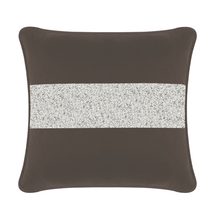 Charcoal velvet pillow with a silver rhinestone stripe square shape soft texture and piped edges.