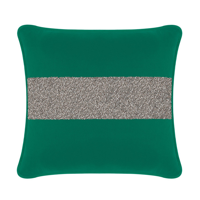Emerald velvet pillow with a gold glitter stripe square shape plush texture and piped edges.`