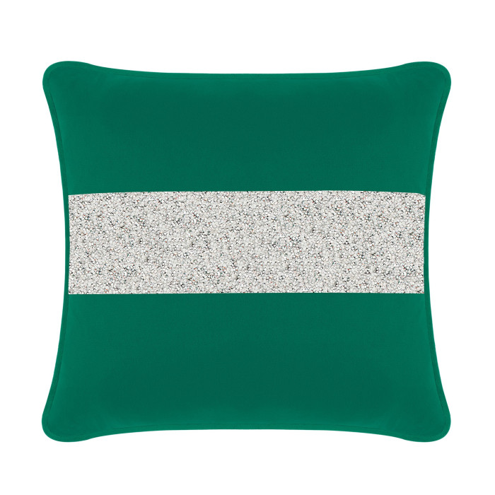Emerald velvet pillow with a silver glitter stripe square shape plush texture and piped edges.