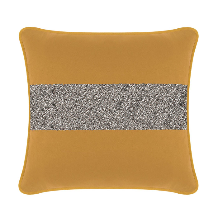 Gold velvet pillow with a gray rhinestone stripe square shape and a soft texture featuring a solid gold border.