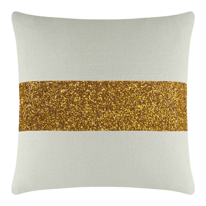 Square pillow with a textured light beige linen surface and a wide gold glitter stripe across the center.