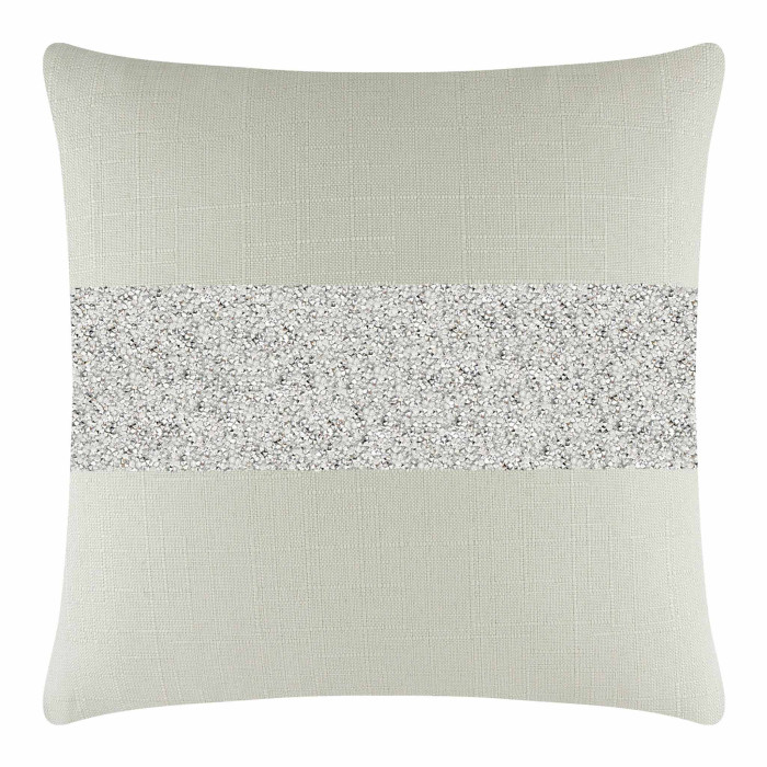 Square pillow in light green linen with a silver rhinestone stripe across the center.