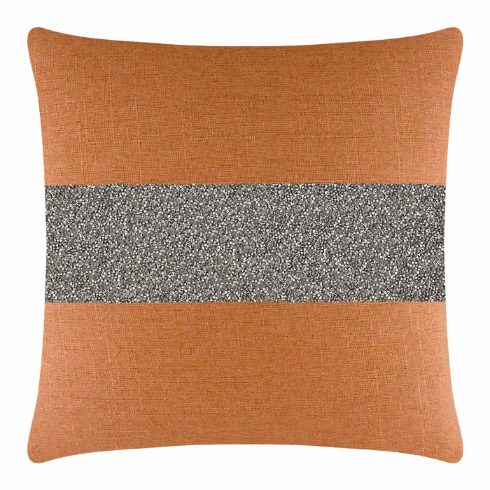 Square pillow with orange woven fabric and a charcoal rhinestone stripe in the center.