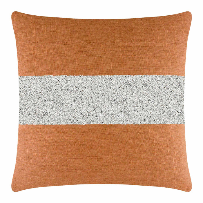 Orange woven pillow with a silver rhinestone stripe square shape textured surface and feather insert.