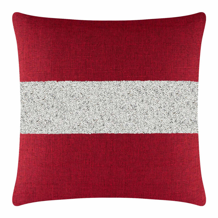 Red woven pillow featuring a silver rhinestone stripe square shape with a textured fabric surface.