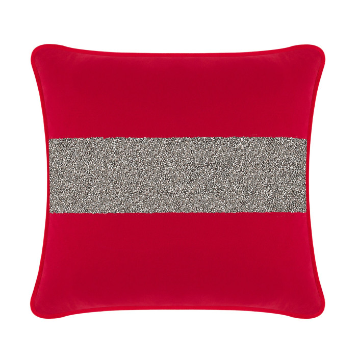 Red velvet pillow featuring a wide silver rhinestone stripe across the center with a smooth texture and piped edges.