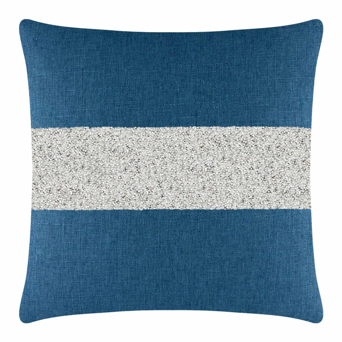 Square pillow with a royal blue woven fabric featuring a wide silver rhinestone stripe across the center.