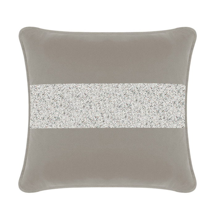 Silver velvet pillow with a central rhinestone stripe square shape and piped edges.