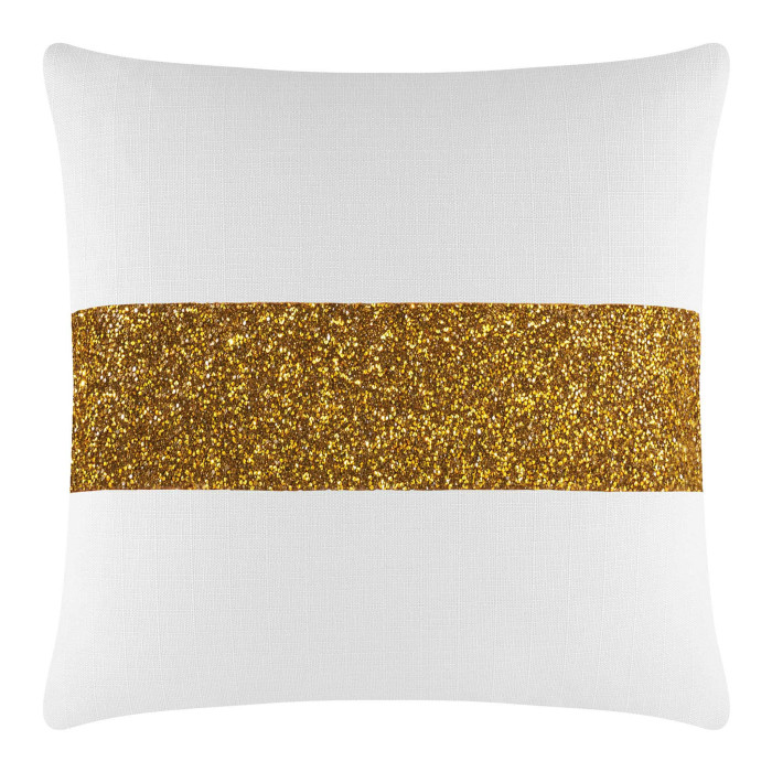 White pillow with a gold glitter stripe featuring a textured woven fabric and a plush insert.