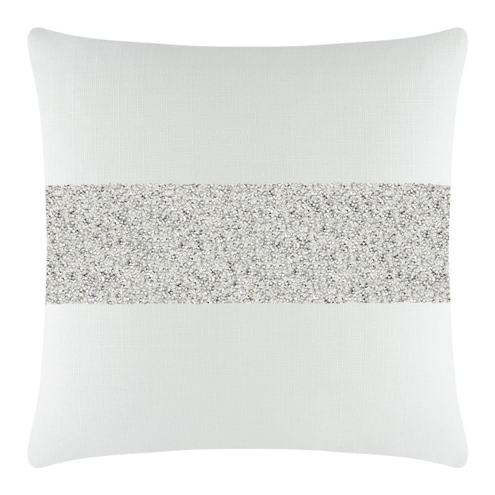 White pillow with a textured surface and a silver rhinestone stripe across the center.