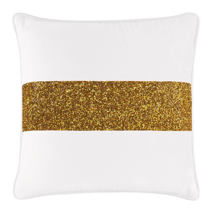 White velvet pillow featuring a gold glitter stripe across the center with a plush insert and piped edges.