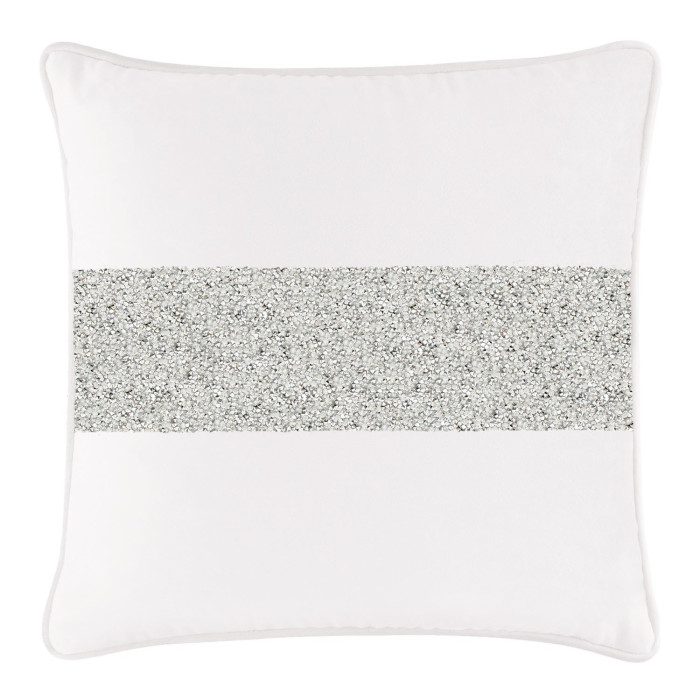 White velvet pillow with a silver rhinestone stripe square shape and piped edges.