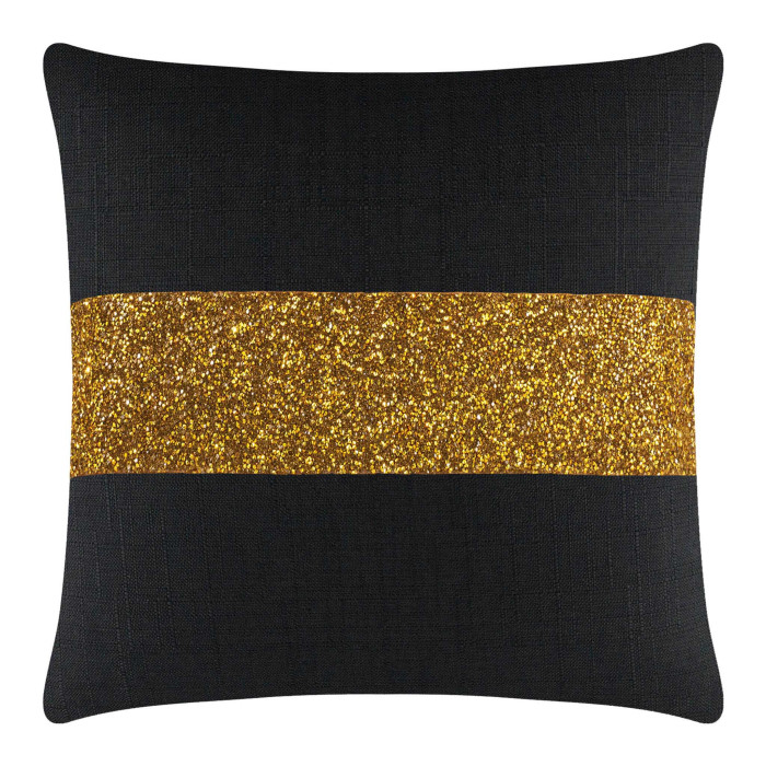 Black pillow with a textured surface featuring a wide gold glitter stripe across the center.