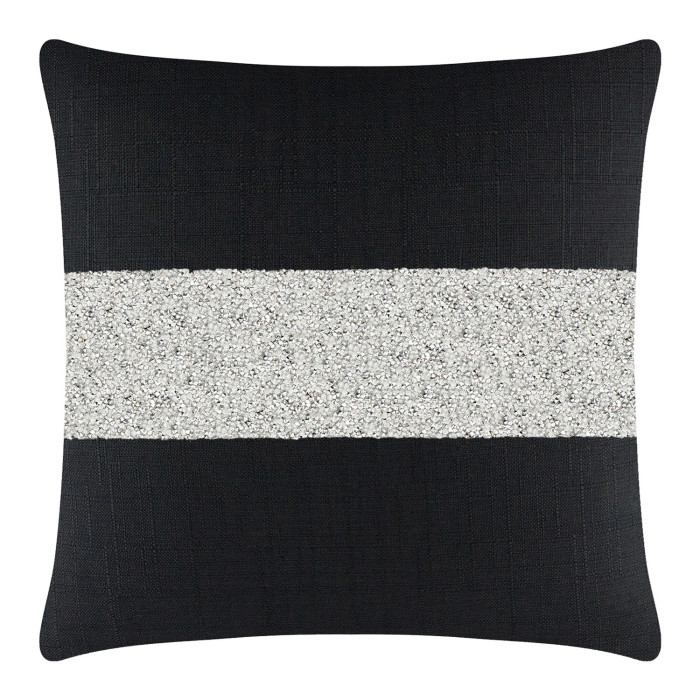 Black pillow with a textured surface featuring a wide silver rhinestone stripe across the center.