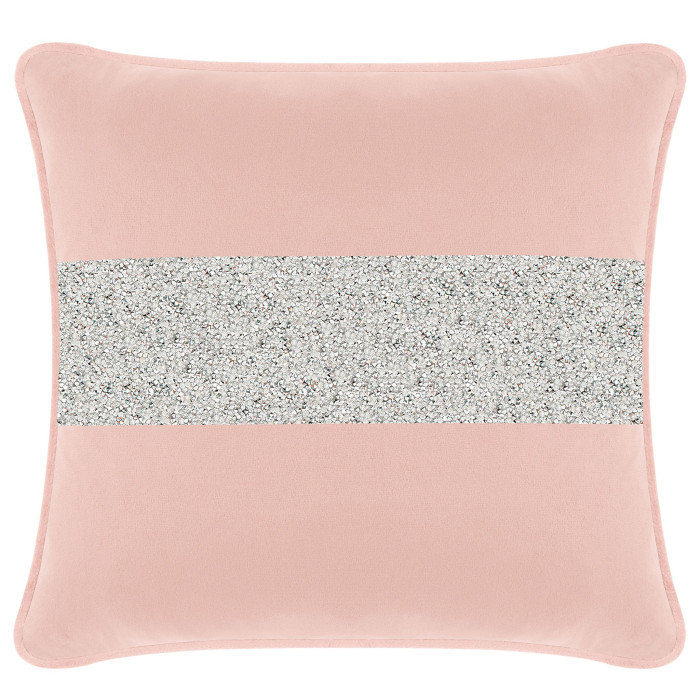 Blush velvet pillow with a silver rhinestone stripe square shape and piped edges.