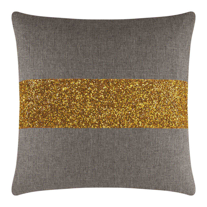 Square pillow with a textured gray fabric and a glittery gold rhinestone stripe across the center.