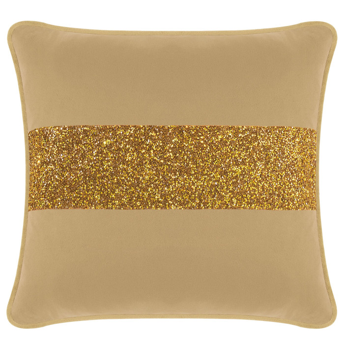 Champagne velvet pillow with a gold glitter stripe square shape plush texture and contrasting trim along the edges.