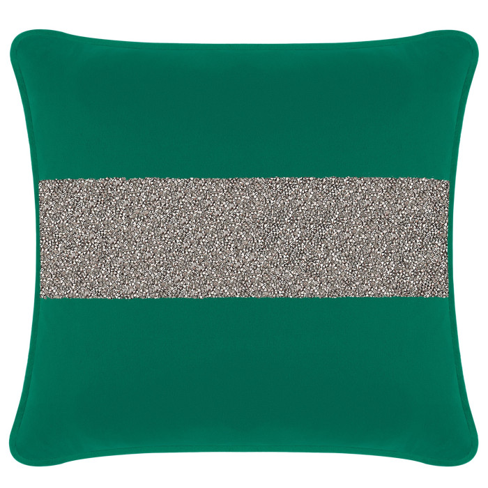 Emerald green velvet pillow with a wide silver rhinestone stripe across the center square shape soft texture.