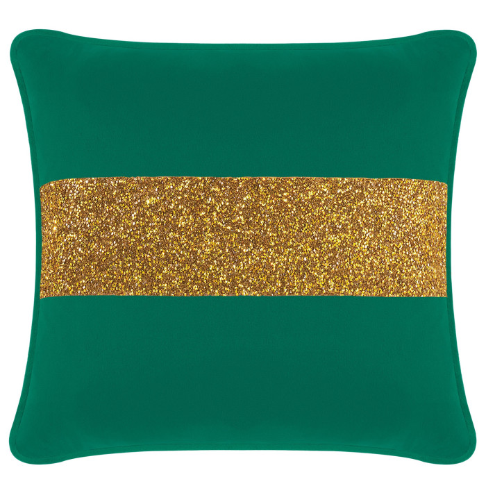 Emerald green velvet pillow with a gold glitter rhinestone stripe square shape plush texture 20x20 inches.