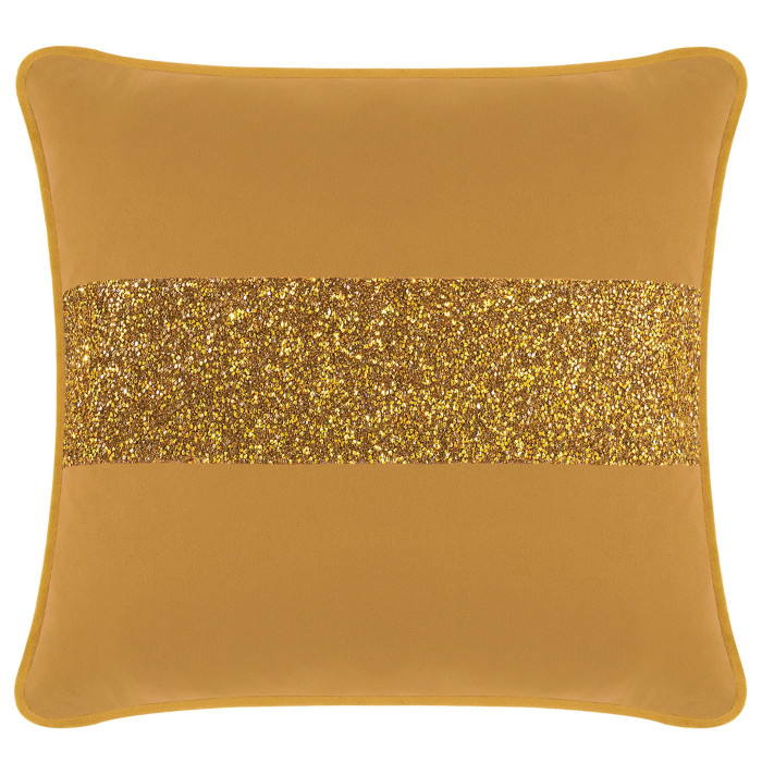 Gold velvet pillow with a wide gold rhinestone stripe square shape plush texture and piped edges.