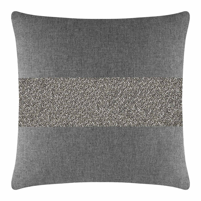 Gray woven pillow featuring a central rhinestone stripe on a charcoal background with a soft texture and square shape.