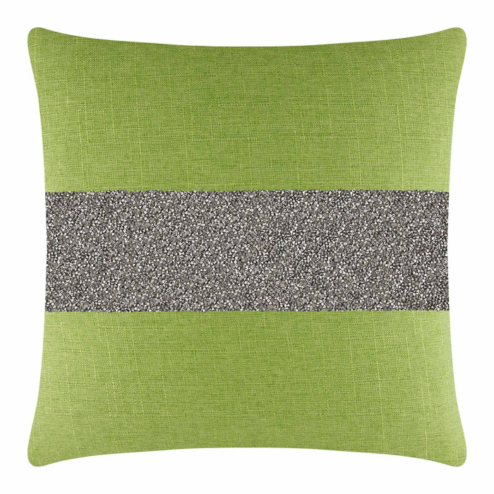 Lime green pillow with a textured charcoal rhinestone stripe in the center featuring a woven fabric surface.