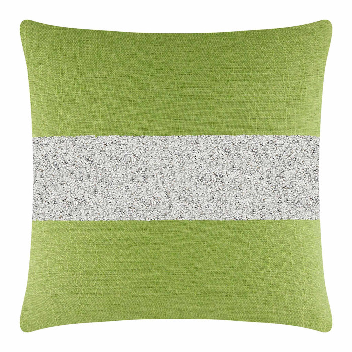 Lime green pillow with a textured fabric and a silver rhinestone stripe across the center.