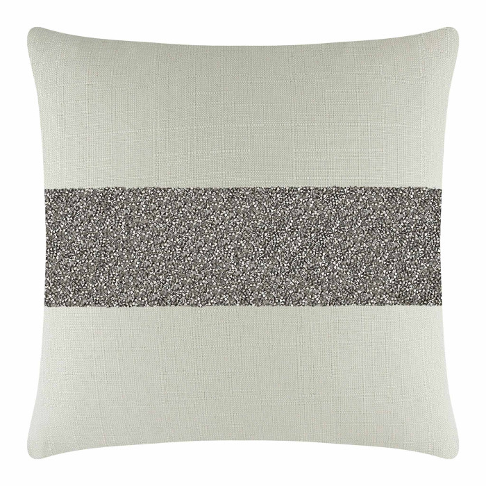 Square pillow with a light gray linen surface and a dark gray rhinestone stripe across the center.