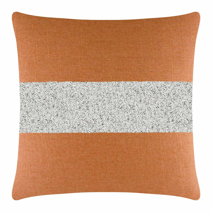 Square pillow with an orange woven fabric and a silver rhinestone stripe across the center.