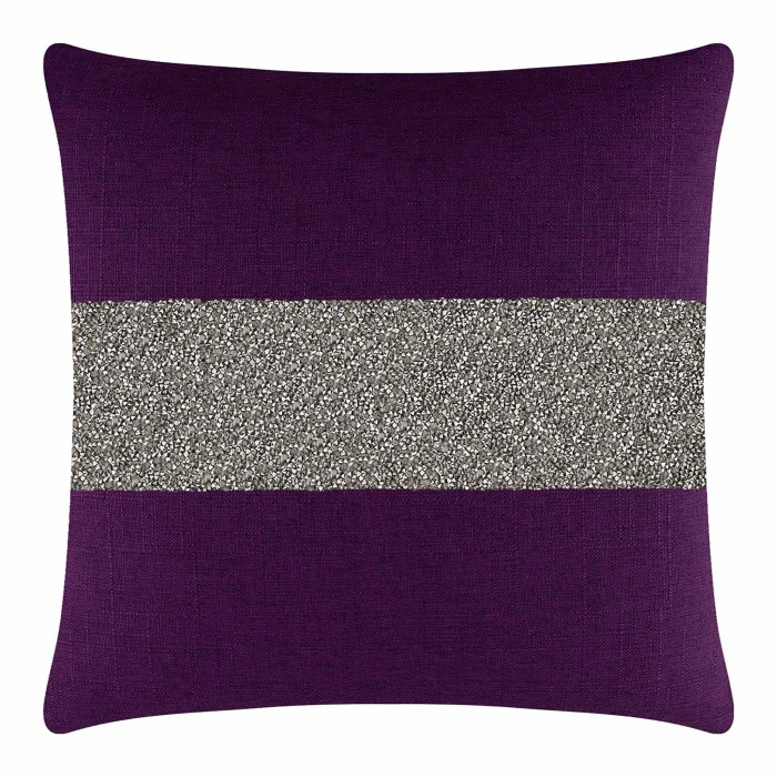 Purple woven pillow featuring a silver rhinestone stripe across the center with a textured fabric finish.